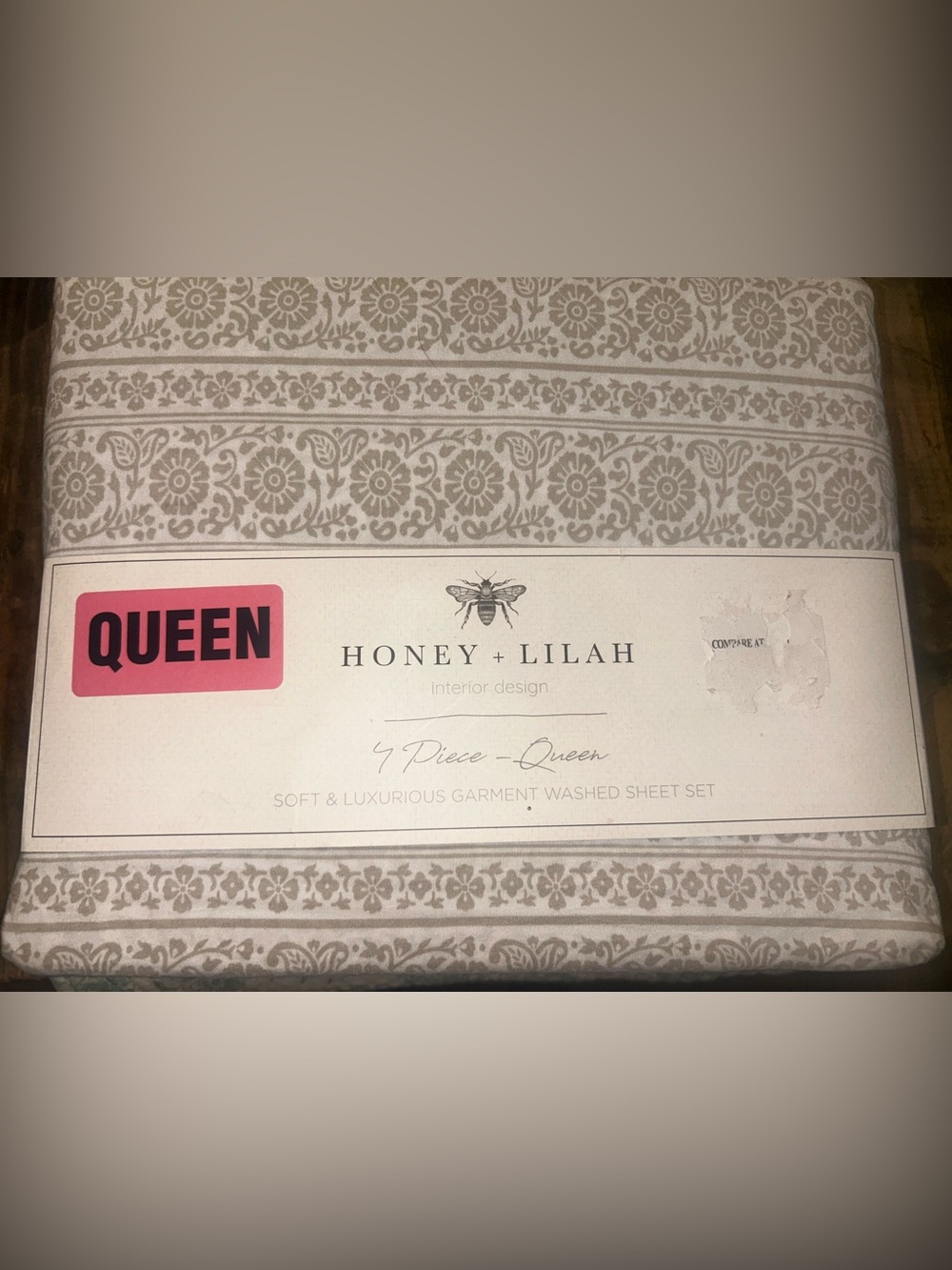 Honey + Lilah 4-Piece Queen Sheet Set Deep Fitted Garment Washed Gray Floral